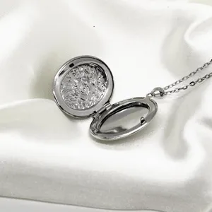 Floral Design Oval Locket Necklace Silver thumbnail 3