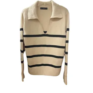 Mango Women's Cream and Black Striped V-Neck‎ Sweater with Collar thumbnail 6
