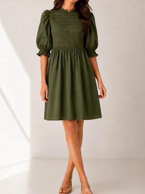 Hill House Home Ellie Nap Olive Green Smocked Puff Sleeve Mini Dress thumbnail 10