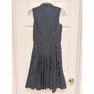 Akris Bergdorf Goodman Navy White Polka Dot Mock Neck Pleated Cotton Dress US 6 thumbnail 2
