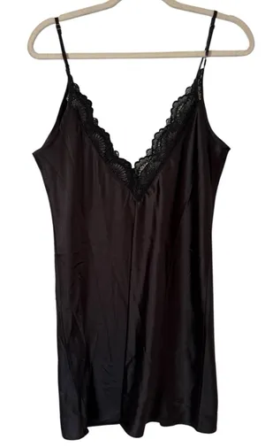 INC Intimates Black Satin Lace V Neck Camisole Nightgown Slip Dress Size Medium thumbnail 1