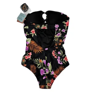 Shade & Shore‎ Womens Floral One Piece Swimsuit Black Multi Keyhole Ruched S 4-6 thumbnail 5