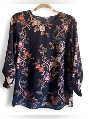 Maurices Navy Floral Blouse with Pink and Purple Accents size small thumbnail 1