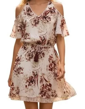 WHITE HOUSE BLACK MARKET Cold Shoulder Wine and White Floral Mini‎ Dress EUC 00 thumbnail 1