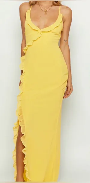 Beginning Boutique Bright Yellow Ruffle-Trim Maxi Dress + thumbnail 1