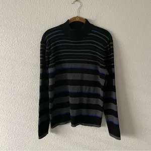 Karen Scott Charcoal Grey & Blue Stripe Mock Neck Sweater 100% cotton thumbnail 2