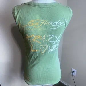 Ed Hardy Tank Top Size L Green Skull Heart Rhinestone Y2K Tattoo Krazy Love thumbnail 3