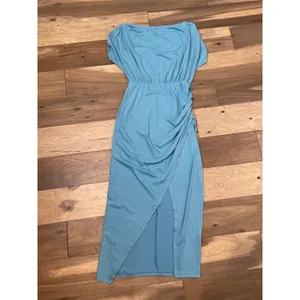ANRABESS Maxi Dress Size M Turquoise Blousy Top Ruched Side Asymmetrical Slit thumbnail 4