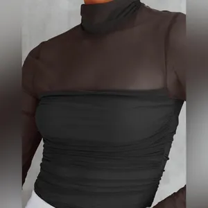 NWT REORIA Black Mesh Mock Neck Long Sleeve Ruched Bodysuit Top -Small thumbnail 4