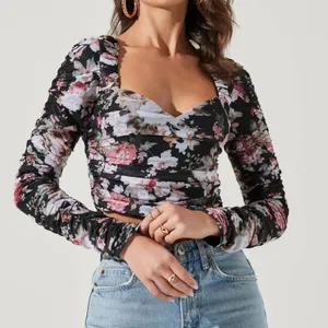 ASTR The Label Erica Top Black Floral Ruched Mesh Corset Whimsigoth Coquette NWT thumbnail 1