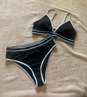SheIn Black Two-Piece Bikini Set with White Trim thumbnail 1
