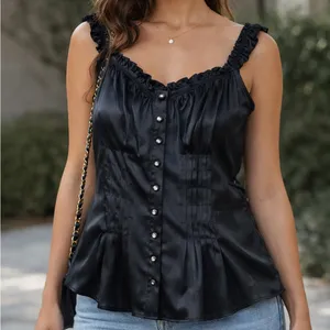 Y2K Black Silk Sleeveless Blouse Ruffle Trim Dark Romantic Whimsigoth Renfaire thumbnail 2