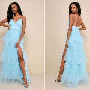 LULU's Prom Wedding Sexy Tiered Ruffles Boho Chic Blue Maxi Dress NWOT thumbnail 2