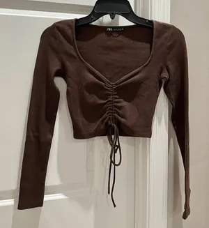 Zara Brown Ruched Drawstring Front Crop Top thumbnail 1