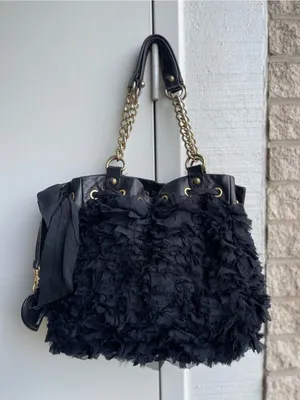 Juicy Couture Daydreamer Luxe Black Chiffon Leather Bow Gold Chain Y2K Bag thumbnail 2