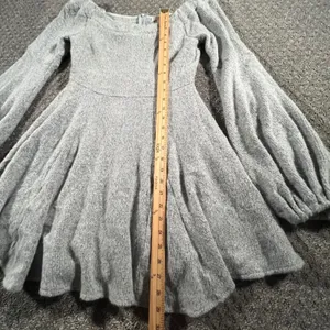 Luxxel Womens Large Gray Textured Knit Skater Mini Dress Bishop Sleeve Lined thumbnail 8