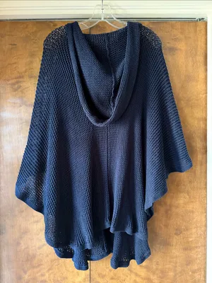 L’ogan Navy Blue Open Knit Oversized Poncho Sweater V Neck. Size One Size thumbnail 8