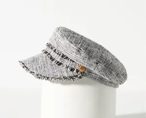 Anthropologie Black White Houndstooth Plaid Tweed frayed newsboy baker boy hat cap gold tone button-One Size (O/S) thumbnail 5