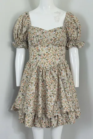 Women Floral Puff Sleeve Mini Dress Cottagecore Milkmaid Boho Corset Waist S thumbnail 1