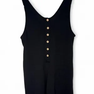 Black Henley Tank Romper Sleeveless Wood Buttons Casual Summer Knit thumbnail 2