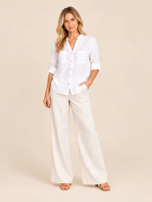 Zara 100% Linen Oversized White V-Neck Button Down Blouse XS Mandarin Collar thumbnail 8