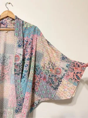 World Market Floral Boho Patchwork Open Front Kimono Cardigan one size pink blue thumbnail 5