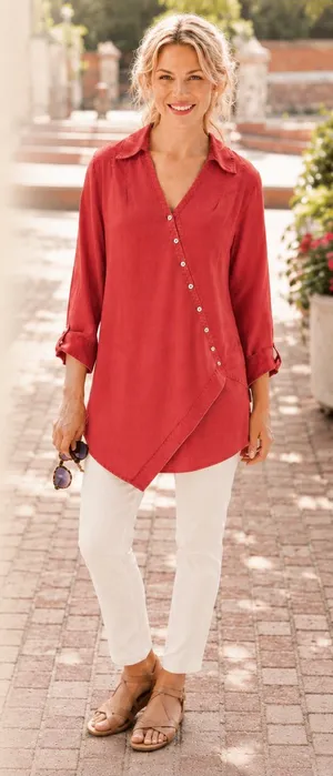 Soft Surroundings Washed Tencel Asymmetrical Tunic Top Red Size M thumbnail 1