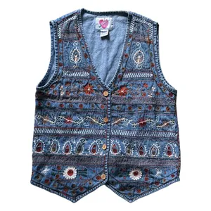 Keren Hart Vintage Denim Embroidered Floral Paisley Boho Vest Blue Small Western thumbnail 2