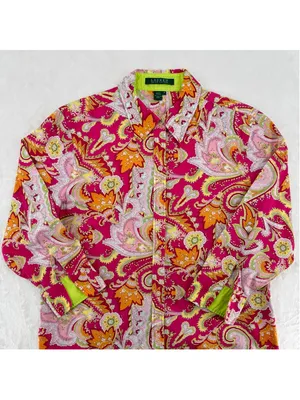 Lauren Ralph Lauren Hot Pink Lime Green Paisley Top Preppy Dopamine Y2K Medium thumbnail 2