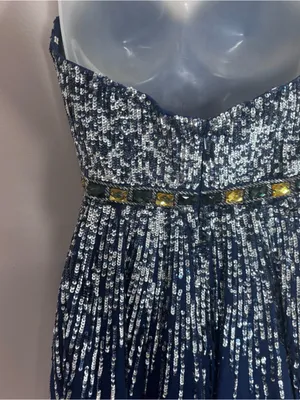 Sherri Hill 8413 navy blue Mini prom strapless Dress beaded sequins 100% silk 6 thumbnail 3