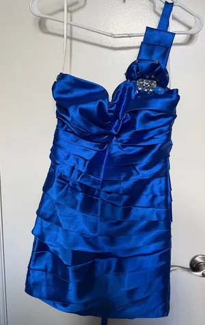 One-Shoulder Royal Blue Satin Party Dress with Embellishment thumbnail 1