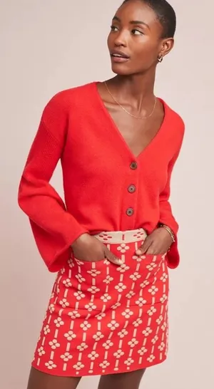 Anthropologie Maeve Red and Tan Patterned Mini Skirt. Size-L thumbnail 1