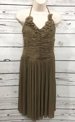 BCBGMaxAzria Halter Pleated Embellished Silk Blend Ruffle Dress thumbnail 1