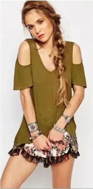 Free People Bittersweet Cold Shoulder Gold Green Short Sleeve Top blouse size XS thumbnail 1