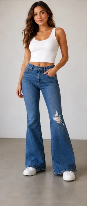 Express Blue High-Rise Flare Jeans with Distressed Knee thumbnail 1