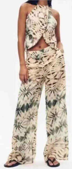 Zara Tie-Dye Wide Leg Pants Set - Green & Cream thumbnail 1