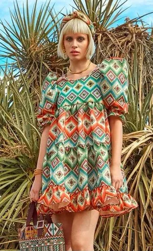 Autumn Adeigbo Oona Abstract Print Puff Sleeve Babydoll Mini Dress Size 8 thumbnail 1