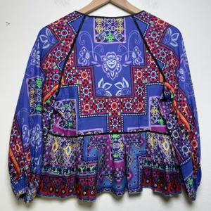 Hunter Bell Women Grayson Linen Patchwork V-Neck Top Medium Blue Mosaic Peplum thumbnail 4