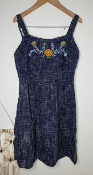 Mata Traders Dress Navy Blue Floral Embroidery Sweetheart neckline Boho thumbnail 1