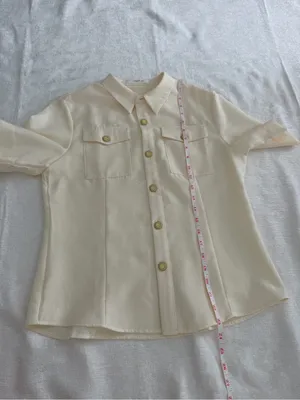 AMII Ivory Textured Short Sleeve Button Down Shirt Gold Buttons M thumbnail 13
