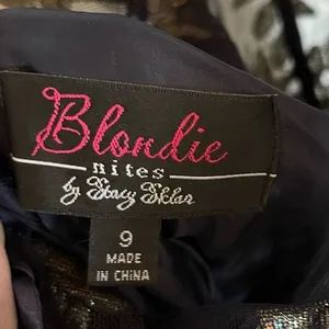 Blondie Nites Gown Juniors‎ Size 9 Navy Long Mesh Gown Corset Style Gold Prom thumbnail 4