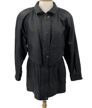 Vintage Genuine Leather Jacket Longline Layered Full Front Zipper Womens Medium thumbnail 4