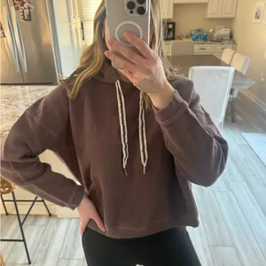 Aerie Ribbed Pullover Hoodie Brown Size Large thumbnail 3