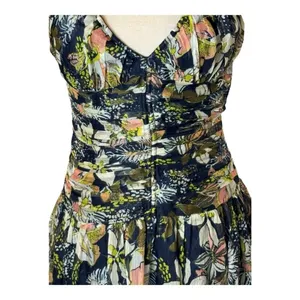 Tanya Taylor‎ Dress Women 00 Black Floral Print Linen Silk Ruched Lovette Maxi thumbnail 9