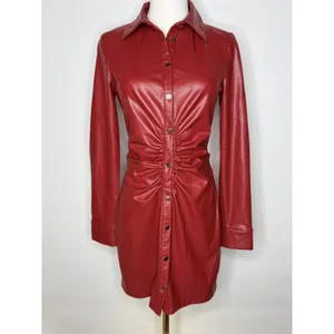 Zara Womens Faux Leather Ruched Mini Shirt Dress Red Long Sleeve XS thumbnail 2