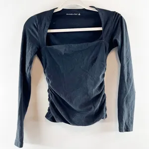 Abercrombie Ava Ruched Square Neck Long Sleeve Top Black Small thumbnail 2