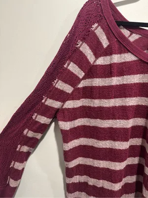 We The Free Free People Striped V-Neck Crochet Sleeve Sweater Top Large thumbnail 2