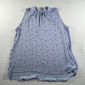 LOFT Women’s Medium Sleeveless Blouse Blue Black Polka Dot Tie Neck Career Top thumbnail 3