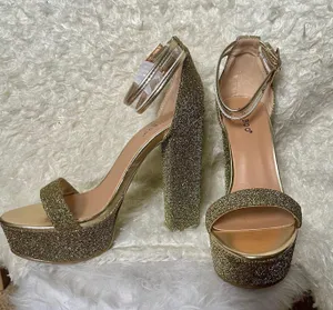 Bamboo Holiday Gold glam metallic glittery felt platform high chunky formal event heels thumbnail 7