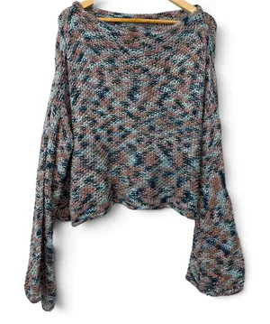 Handmade Chunky Knit Boat Neck Sweater Blue Pink Marled Bell Sleeve Pullover thumbnail 1